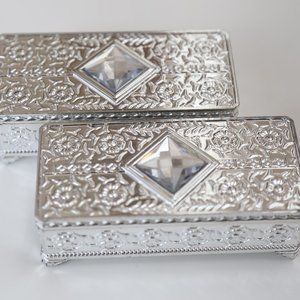NWT 2 Silver crystal studded carved boxes.